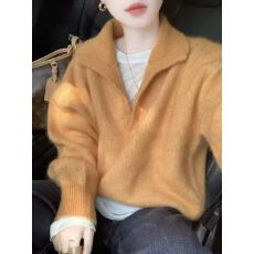 批发韩系慵懒气质简约翻领长袖针织衫女巨好看的清新时髦洋气软糯上衣