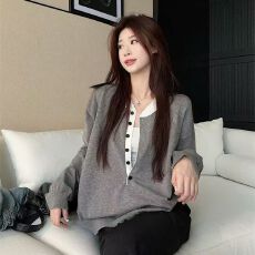 批发大码女装秋冬<b class='q'>胖妹妹</b>针织灰色单排扣休闲宽松百搭长袖上衣
