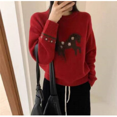 批发韩系手工花花小马圆领简约百搭全羊毛秋冬针织衫