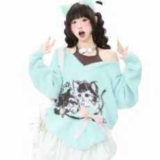 批发韩系甜美彩扣<b class='q'>开衫</b>童趣小猫提花针织衫女糖果色慵懒软糯<b class='q'>毛衣</b>
