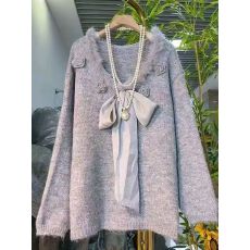 批发毛毛拼接V领<b class='q'>针织衫</b>毛衣女秋冬<b class='q'>大码</b>胖mm显瘦巨好看法式蝴蝶结上衣