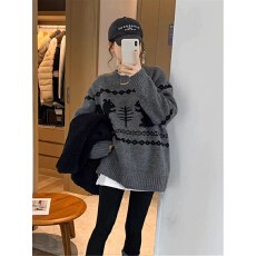 批发复古风费尔岛毛衣女<b class='q'>秋</b>冬加厚外穿圆领套头宽松显瘦百搭针织衫上衣