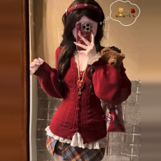 批发韩系钩花v领针织开衫女秋冬季修身显瘦软糯灯笼袖毛衣外套<b class='q'>潮</b>