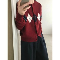 批发复古菱形格纹宽松百搭<b class='q'>圆领</b><b class='q'>针织</b><b class='q'>开衫</b>外套女上衣