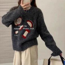 批发设计感字母苹果刺绣圆领毛衣套头女<b class='q'>秋</b>冬宽松软糯长袖针织衫上衣厚