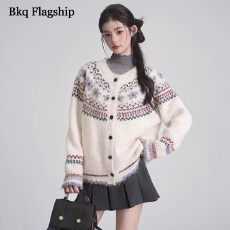 批发费尔岛提花毛衣<b class='q'>开衫</b><b class='q'>女</b>休闲圆领长袖针织衫外套上衣宽松韩系百搭潮