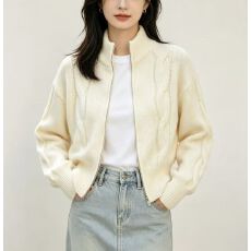 批发2026秋冬新款<b class='q'>韩版</b>纯色慵懒风麻花毛衣女高领拉链宽松针织开衫外套