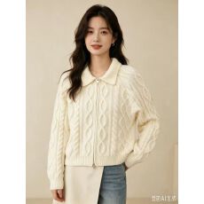 批发2026秋冬新款<b class='q'>韩版</b>纯色慵懒风麻花毛衣女高领拉链宽松针织开衫外套