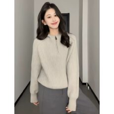 批发半拉链连帽长袖针织毛衣女款2026新款冬季宽松<b class='q'>中长款</b>休闲内搭上衣