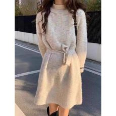 批发慵懒风针织<b class='q'>连衣裙</b>女秋冬2026年新款气质修身收腰圆领毛衣裙中长款