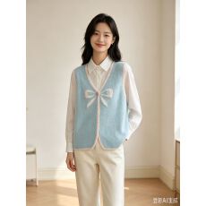批发绝美秋季新款韩系<b class='q'>甜美</b>减龄撞色提花蝴蝶结叠穿针织马甲百搭女背心