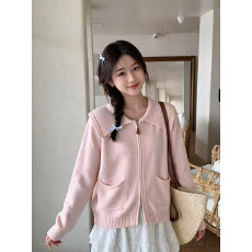 批发韩系灰色翻领双拉链毛衣<b class='q'>外套女</b>秋季新款软糯百搭针织开衫秋冬上衣