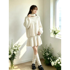 批发柚子与茶法式慵懒风蝴蝶结针织毛衣秋<b class='q'>冬</b>宽松圆领带围脖套头四件套