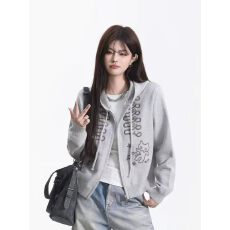 批发美式童趣短款连帽毛衣女小猫刺绣排扣双拉链针织外套