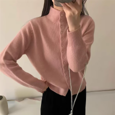 批发秋装2026新款女士半高领粉色<b class='q'>针织</b>毛衣开衫女外套高级感加厚春秋