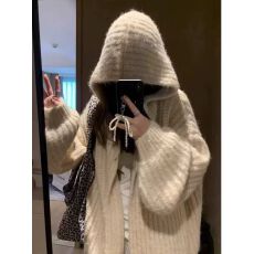 批发软糯奶呼呼咖色连帽毛衣外套女秋<b class='q'>冬</b>韩系宽松慵懒风中长款针织开衫