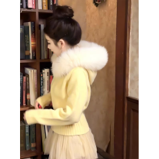 批发韩系小香风百搭毛衣针织衫毛领连帽短外套女纯欲风秋<b class='q'>冬</b>新款上衣