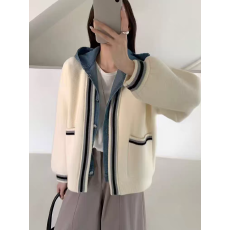 批发新款百搭学院风连帽牛仔外套女短款2026设计感假两件针织开衫上衣