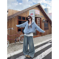 批发美式复古慵懒风连帽针织毛衣女秋冬宽松显瘦设计感长袖外套上衣潮