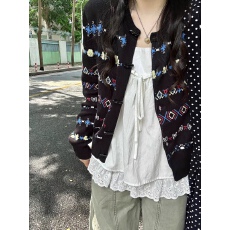 批发民族风提花针织开衫女秋季复古中式盘扣宽松休闲短款<b class='q'>碎花</b>毛衣外套