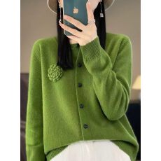 优雅风绿色圆领长袖立体花朵装饰开衫毛针织衫 显瘦气质