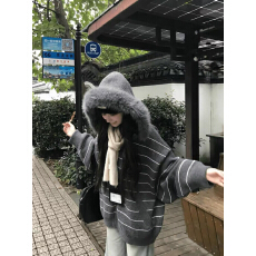 温柔风连帽可拆卸大毛领条纹宽松长袖开衫卫衣 显瘦气质