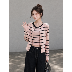 批发粉色条纹针织开衫两件套女2026韩系秋季氛围感穿搭长袖上衣