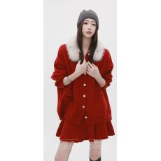 批发氛围感毛领毛衣女秋冬针织开衫短裙<b class='q'>两件套裙</b>