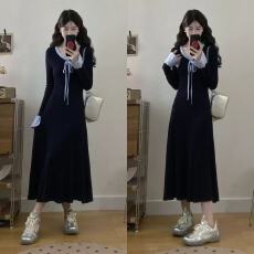 批发<b class='q'>大码</b>法式蝴蝶结系带针织连衣裙女秋冬胖mm设计感拼接木耳边长裙子
