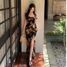 批发夏季复古修身开叉收腰包臀裙女装气质长裙<b class='q'>荷叶边</b>碎花吊带<b class='q'>连衣裙</b>