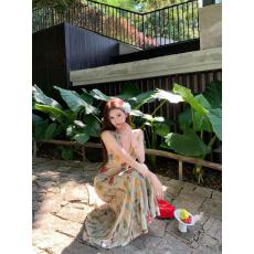 批发复古印花露背v领挂脖连衣裙女夏季纯欲收腰鱼尾<b class='q'>裙子</b>修身包臀长裙