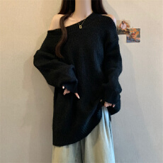 批发高级感慵懒风韩系黑色露肩针织女秋冬新款胖MM收腰显瘦气质毛衣