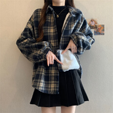 批发实拍韩系大码秋冬新款胖MM慵懒风气质显瘦百搭加绒<b class='q'>格子</b>衬衫外套女
