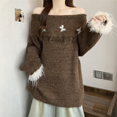 批发实拍高级感流苏<b class='q'>一字领</b>立体蝴蝶秋冬新款韩系宽松慵懒风毛衣女