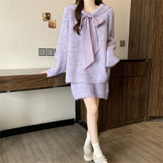 批发高级感紫色系带蝴蝶结亮晶晶秋<b class='q'>冬</b>大码时尚减龄显瘦毛衣短裙套装裙