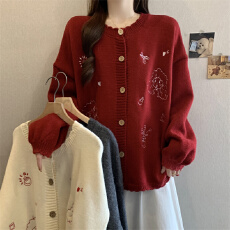 批发实拍大码秋冬新款韩版刺绣卡通别致宽松慵懒风漂亮毛衣外套女<b class='q'>开衫</b>