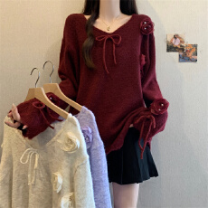 批发实拍立体花朵蝴蝶结别致秋冬新款<b class='q'>大码</b>胖mm时尚独特<b class='q'>超</b>好看毛衣女