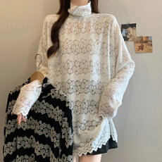 批发实拍胖MM大码秋冬高领保暖时尚打底衫女韩版宽松中长款蕾丝衫女