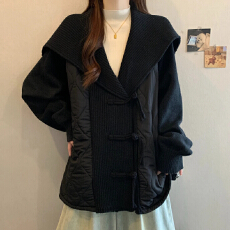 批发法式绝美翻领秋冬季新款慵懒气质宽松时尚显瘦针织毛衣拼接棉衣女