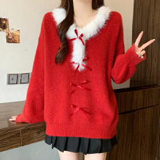 批发时尚减龄红色新年蝴蝶结毛领女<b class='q'>秋</b>冬大码胖mm宽松慵懒风针织衫毛衣