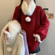 批发实拍胖MM大码秋冬新款洋气独特高级感显瘦毛领针织衫过年红<b class='q'>毛衣</b>女