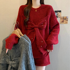 批发圣诞红色毛衣2026新年时髦洋气烫钻蝴蝶结大码宽松上衣短裤两件套