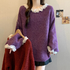 批发新年圣诞红色别致花边毛衣女<b class='q'>秋</b>冬胖MM新款好看减龄慵懒显瘦针织衫