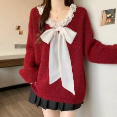 批发新年红色别致花边毛衣女秋冬<b class='q'>胖</b>MM<b class='q'>新款</b>好看减龄蝴蝶结显瘦针织衫女