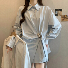 批发设计感不规则系带正肩衬衫2026春季新款大码收腰显瘦遮肚别致上衣