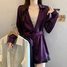 批发法式别致独特链条宽松收腰长袖衬衫女春季大码收腰遮肉显瘦上衣女