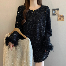 批发春季大码设计感亮片显瘦减龄时尚气质别致长袖宽松毛毛袖口上衣女