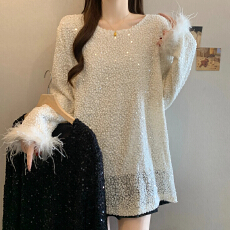 批发高级感春季大码亮片显瘦减龄时尚气质别致长袖宽松毛毛袖口上衣女