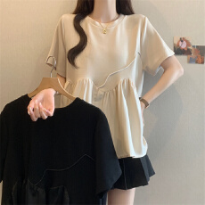 批发实拍2026夏季新款荷叶边拼接<b class='q'>个性</b>短袖<b class='q'>T</b><b class='q'>恤</b>女大码宽松休闲上衣遮肚
