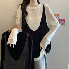 批发实拍春季季新款韩系设计感假两件撞色宽松显瘦针织衫大码女装